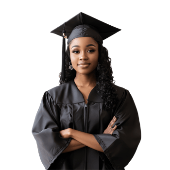 Black female graduate in cap and gown smiling proudly against a transparent background, Black Female Graduate in Cap and Gown on transparent background png