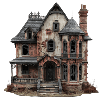Abandoned dilapidated mansion surrounded by overgrown shrubs, perfect for Halloween ambiance, abandoned dilapidated house mansion for halloween, file of isolated object on transparent background png
