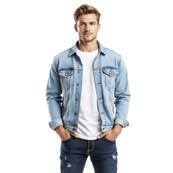 A man in a denim jacket and jeans png