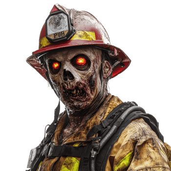 A zombie firefighter with glowing eyes stands against a plain backdrop, featuring horrorthemed details and textures, Firefighter zombie on transparent background png