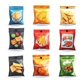 A variety of colorful snack packaging displayed artfully on a clean transparent background, Snack packaging isolated Stock Illustration png