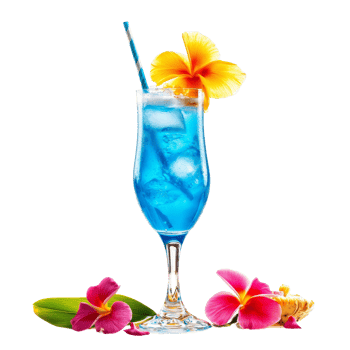 Refreshing Blue Hawaii cocktail garnished with flowers on a transparent background, blue hawaiis cocktail isolated on transparent background png