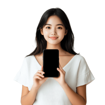 Attractive young Asian woman presenting a smartphone screen in a bright modern setting, Attractive Young Asian woman showing screen of mobile smartphone png