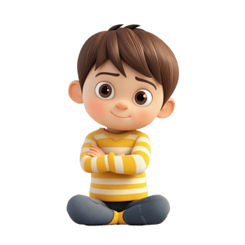 A cheerful cartoon child sitting crosslegged on a transparent background wearing a striped shirt, 3d cartoon of little child isolated on transparent background png