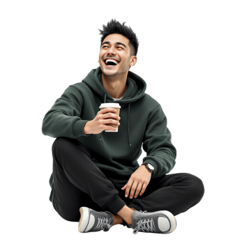 A man in a hoodie sitting on the floor holding a coffee png