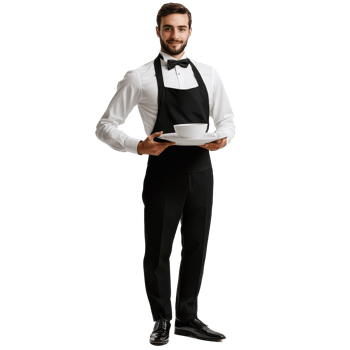 Elegant waiter presenting a dish with a smile on a transparent background, perfect for dining and service themes, Elegant Waiter Serving Pose Isolated on transparent background png