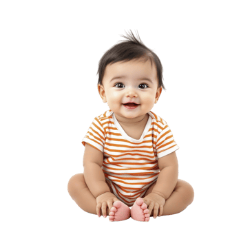 A baby sitting on the floor with an orange and white striped shirt png