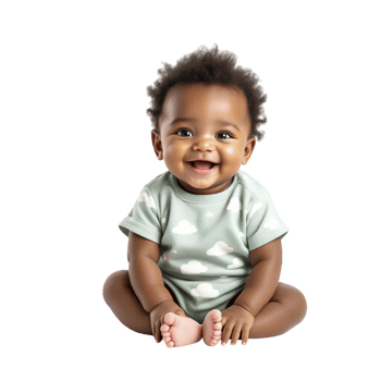 A smiling baby sitting on the floor with a green shirt png