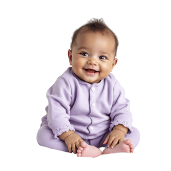 A smiling baby in purple sitting on the floor png