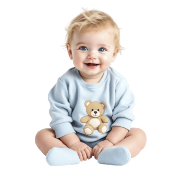 A baby is sitting on the floor with a teddy bear on his chest png