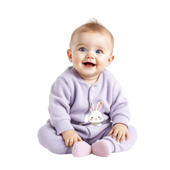 A baby in a purple bunny outfit sitting on a black background png