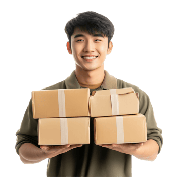 Cheerful young Asian man joyfully holding multiple parcel boxes against a bright background, Happy young Asian man holding package parcel boxs isolated on transparent background png