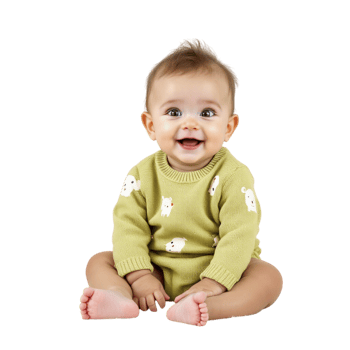 A baby sitting on the floor wearing a green sweater png