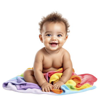 A baby sitting on a rainbow blanket png
