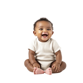 A smiling baby sitting on the floor with his hands in the air png