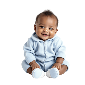 A smiling baby in blue clothes sitting on a black background png