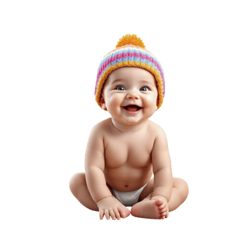 A baby in a knitted hat sitting on the floor png