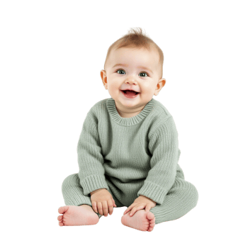 A baby in a green sweater sitting on a black background png