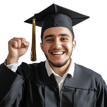 Excited male graduate celebrates achievement with fist raised against a transparent background, Hooray Male Graduate with Raised Fist on transparent background png