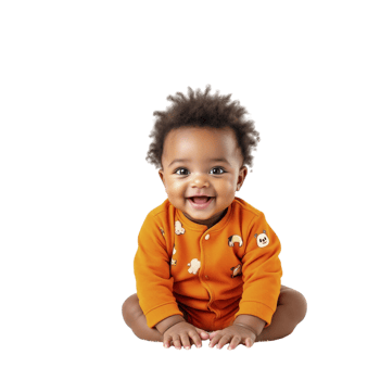 A baby in an orange onesie sitting on the floor png