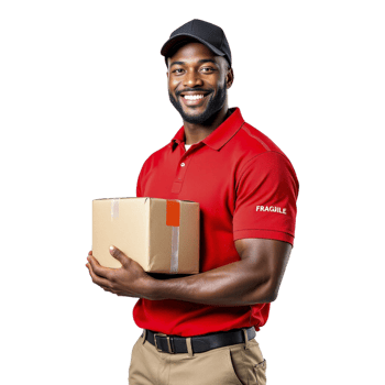 A smiling black man in a red shirt holding a box png