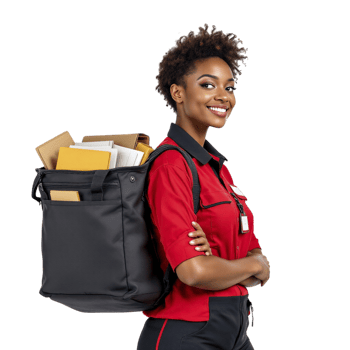 A smiling woman holding a large bag with mail png