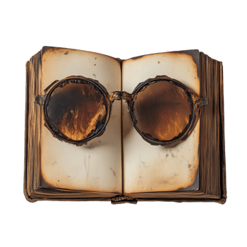 Burnt vintage book and damaged sunglasses arranged on a plain transparent background, Vintage book burnt sunglass on transparent background png