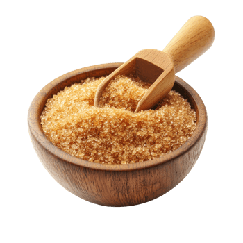 Brown sugar in a wooden bowl with a scoop resting on a transparent surface highlighting its rich texture, Brown sugar in wood bowl and scoop isolated on transparent background png