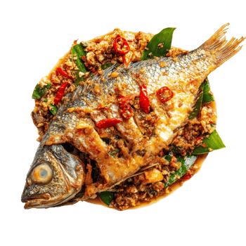 Deliciously spiced fried fish with chili served on a transparent plate featuring herbs and a colorful garnish, Fried fish with chilli and spices, delicious food Thailand style on transparent png