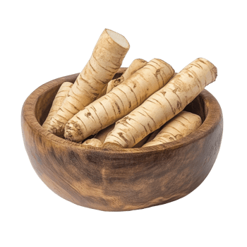 Kaempferia finger root, known as Krachai, displayed in a wooden bowl highlighting its natural beauty and culinary use, Kaempferia finger root Krachai Thai herb in wood bowl isolated transparent png