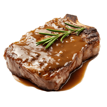 A succulent slice of panfried steak topped with gravy and garnished with fresh rosemary on a transparent plate, slice of panfried steak, served with gravy isolated on transparent background png