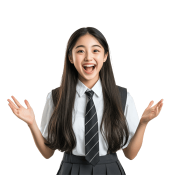 Happy Asian student girl in school uniform expresses delight in a welllit classroom during a cheerful moment, Surprise Happy Asian student girl in school uniform isolated transparent background png