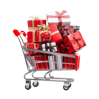Brightly wrapped Christmas gift boxes overflowing from a shopping cart ready for the festive season, Christmas gift boxes pop out from shopping cart isolated png