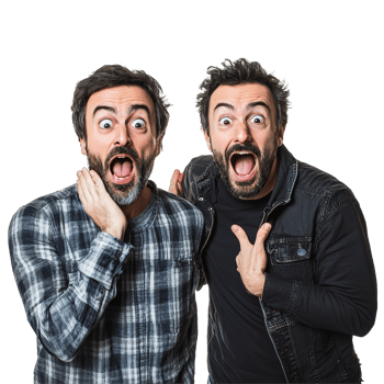 Two amazed friends express surprise and joy while posing together in a bright setting, two amazed men friends, file of isolated object on transparent background png