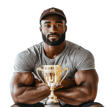 Athlete proudly displaying trophy while seated against a transparent background in a fitnessfocused setting, Fit Male Athlete with Trophies on transparent background png