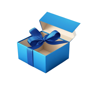 A blue open gift box with a ribbon ready for a surprise in a bright setting, Surprise gift box, blue color open gift box isolated on transparent background png
