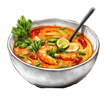 Delicious Tom Yam Kung soup served in a bowl against a transparent background, showcasing vibrant Thai flavors, Tom Yam Kung soup Thai cuisine on transparent background png