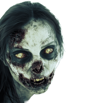A chilling depiction of a female zombie with haunting features on a stark transparent background, zombie female on transparent background png