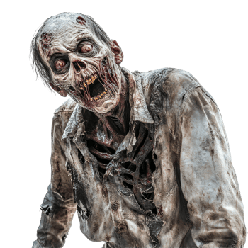 A terrifying zombie with skeletal features and tattered clothing stands menacingly against a transparent background, Terrifying Zombie on transparent background png