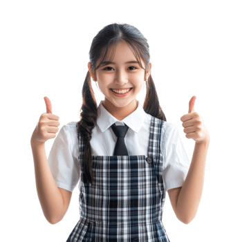 Happy Asian student girl in school uniform smiling and showing thumbs up in bright indoor setting, Happy Asian student girl in school uniform show thumbs up isolated transparent background png