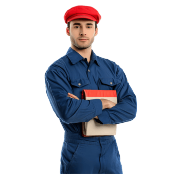 Mailman wearing a red cap and blue uniform poses while holding packages on a transparent background, Mailman isolated on transparent background png