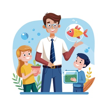 Teacher Presenting Fish Tank in Marine Education vector