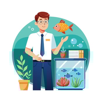 Educator Showcasing Fish Tank for Biology Class vector