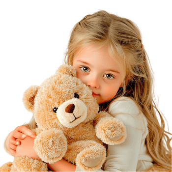 Little girl hugs a teddy bear with warmth and love png