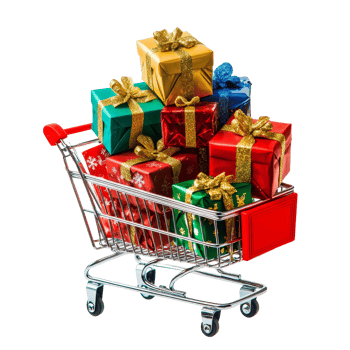 A shopping cart filled with colorful Christmas gift boxes ready for the holiday season, Christmas gift boxes pop out from shopping cart isolated png