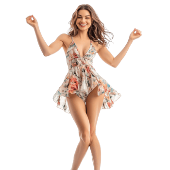 A young woman joyfully poses in a summer dress, celebrating the sunny days of summer against a transparent backdrop, young beautiful woman in summer dress isolated on transparent background png