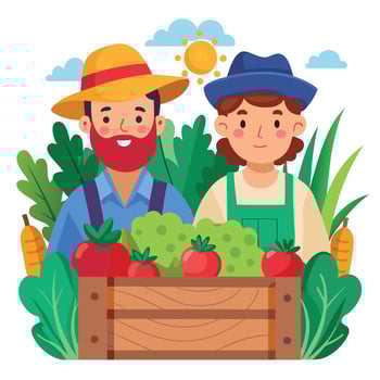 A Joyful Day at the Farm Two Farmers with a Bountiful Harvest of Fresh Vegetables and a Sunlit Sky vector
