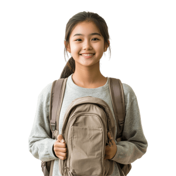 Happy Asian teen girl holding a backpack stands in a bright indoor setting, ready for her day at school, Happy Asian ethnicity teen girl hold backpack standing isolated on transparent background png
