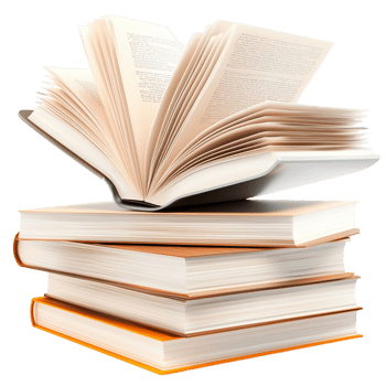 Open books are stacked high with pages full of knowledge png