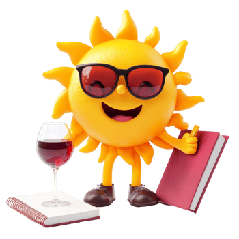 Cheerful sun character enjoys wine while reading a book during a sunny holiday afternoon, Holiday Concept Cheerful Sun Character with Wine and Diary on transparent background png